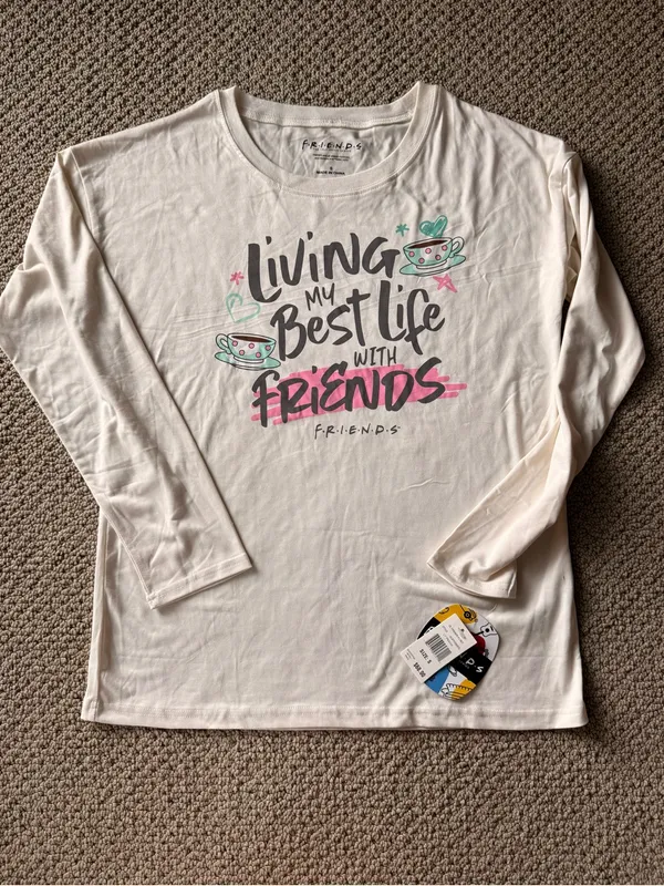 FRIENDS Women’s FRIENDS Cream Long-Sleeve Pajama Set with Pink & Teal Accents - Image 3