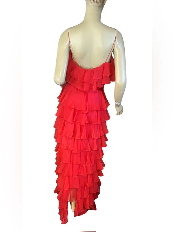 Vintage 1970'S Red Chiffon Tiered Ruffle Miss Elliette California Maxi Dress (S) - Image 7