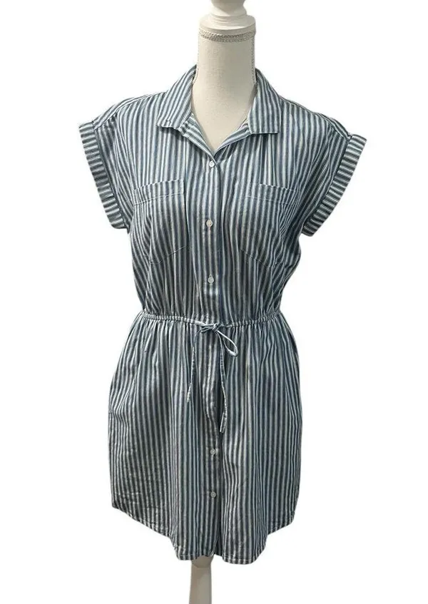 Japna 100% Cotton Blue White Striped Elastic Waist Mini Dress Pockets Medium - Image 2