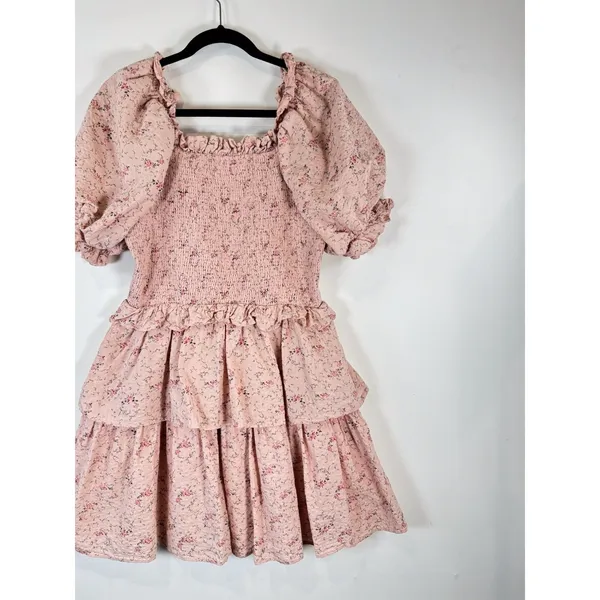 Hyacinth House Womens Dress Beige Mini Floral Smocked Ruffle Puffed A Line Large - Image 9