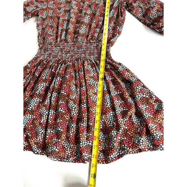 Rock & Roll Cowgirl Sz L Ditsy Floral Print Flowy Mini Dress Rust Copper Smocked Waist - Image 9