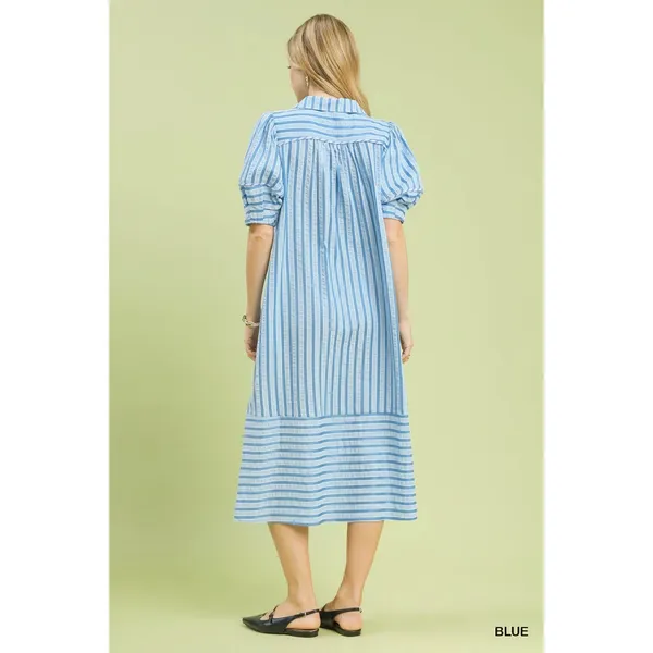 Umgee Striped Puff Sleeve Midi Dress - Blue - Large - Image 3