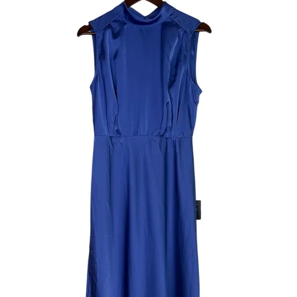 NWT Lulus Classic Elegance Satin Sleeveless Mock-Neck Slit Maxi Dress Large Blue - Image 3