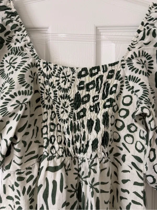 ADL‎ 100% Linen Mini Dress Geometric Pattern Green and Off White Size Medium - Image 7