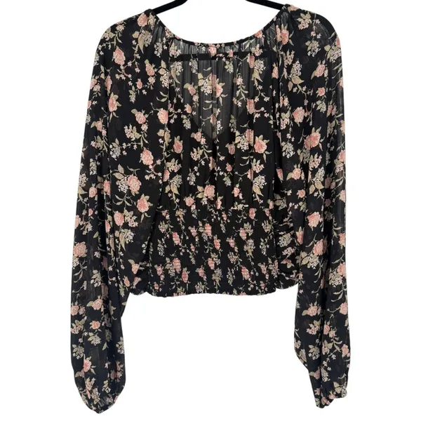 NWT Free‎ People New Final Rose Floral Ruched Cropped Blouse Top Black Sz Medium - Image 6