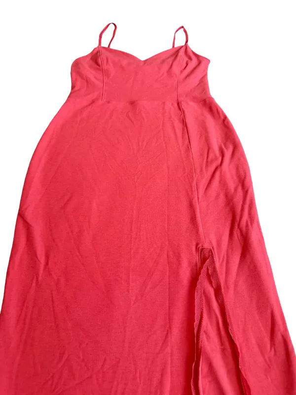Beyond Yoga Bold Coral Midi Dress Stretchy Slimming Slit Casual Size Medium - Image 5