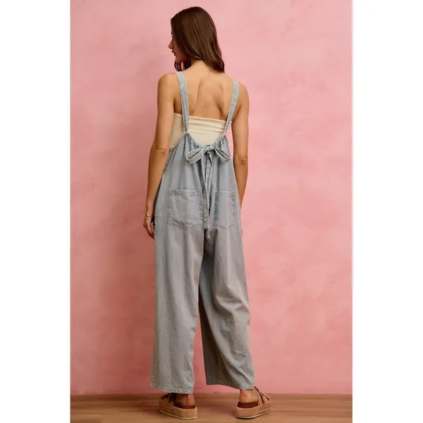 SO ME Wide Leg Lightweight Denim Overalls - Light Denim - Large - Image 7