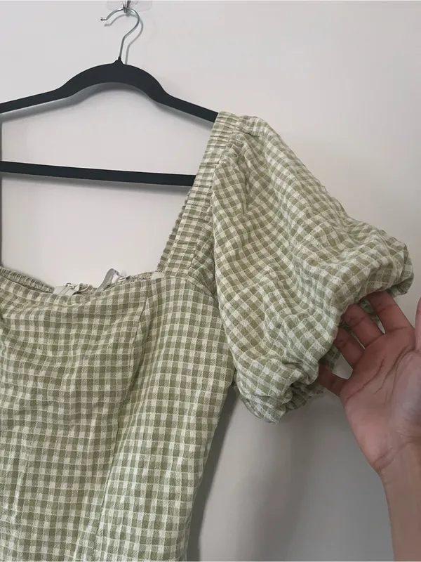 Sage Green White Gingham Puff Sleeve Mini Dress Large Cottagecore Western Farm - Image 2