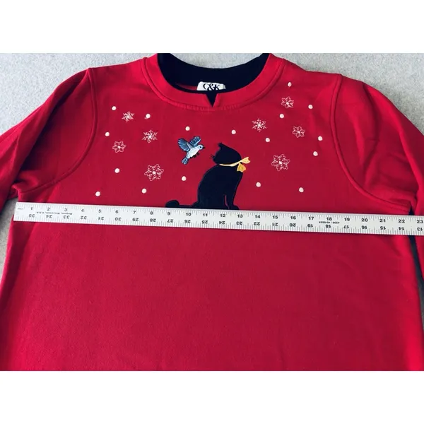 Y2K Sweatshirt C&K Designs Crewneck Cottage Granny Winter Black Cat Snow Medium - Image 9
