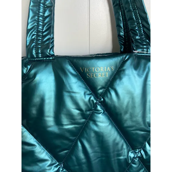 Victoria's‎ Secret Puffer Tote Metallic Teal Green Quilted Bag Blue Green NEW - Image 7