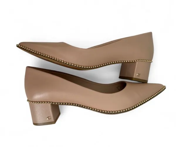 Coach Pointed Low Block Heel Pumps in Tan with Beaded Trim - Image 3