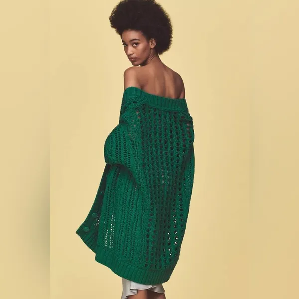 Maeve Anthropologie Teal Open Stitch Oversized Long Cardigan Sweater Small - Image 4