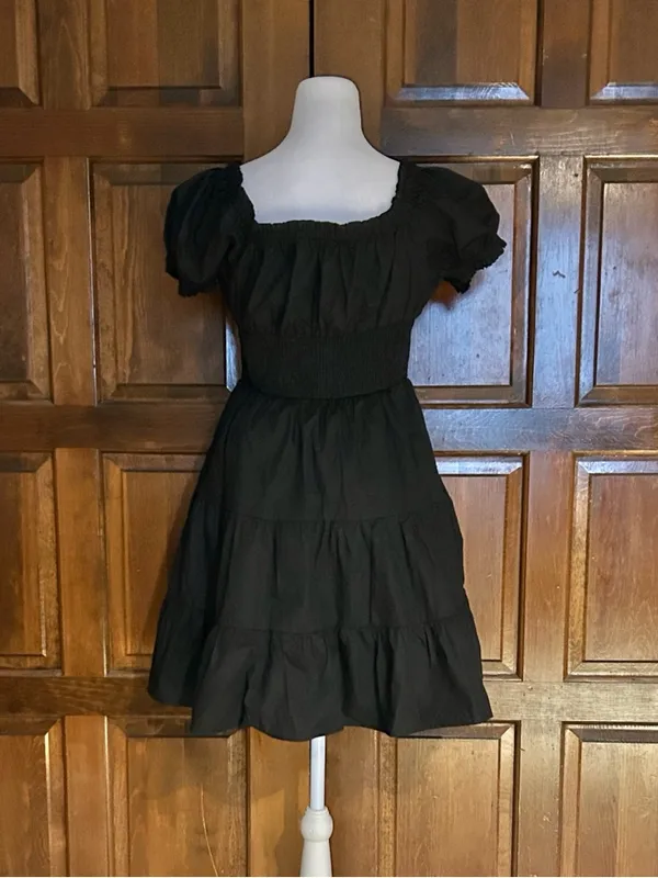 Princess Polly Black Mini Dress Size 10 Milkmaid Smocked Puff‎ Sleeve Tiered - Image 3