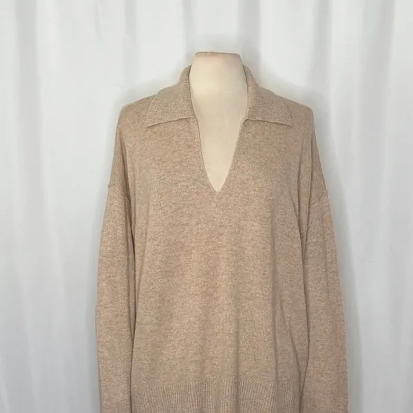 NWT!! FREE PEOPLE Eloura Cashmere‎ Henley Sweater Solid Light Brown Tan X-Large - Image 3