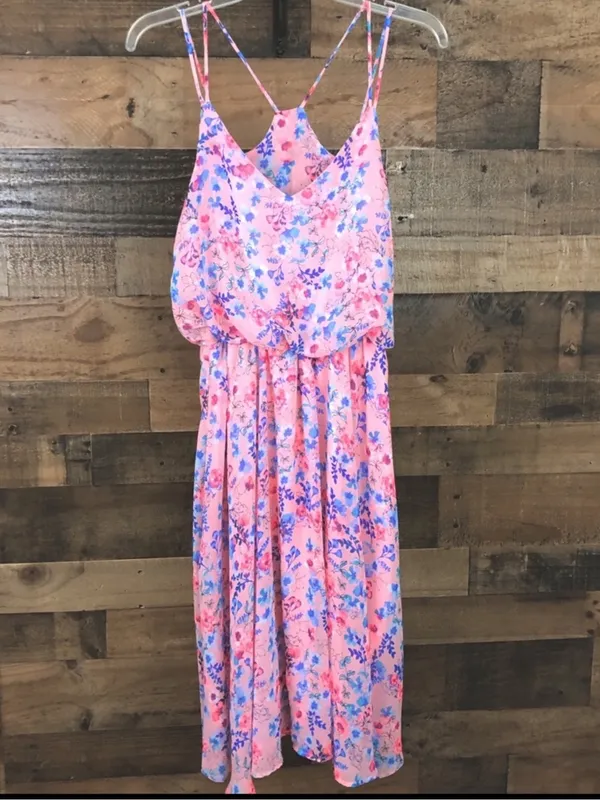 My Story Pink Floral Midi Dress with Blue Floral Print - Image 3