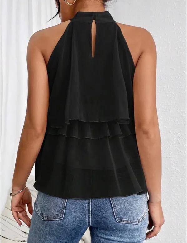 Loose Fit Neck Tie Ruffle Hem Asymmetrical Chiffon Blouse - Image 2