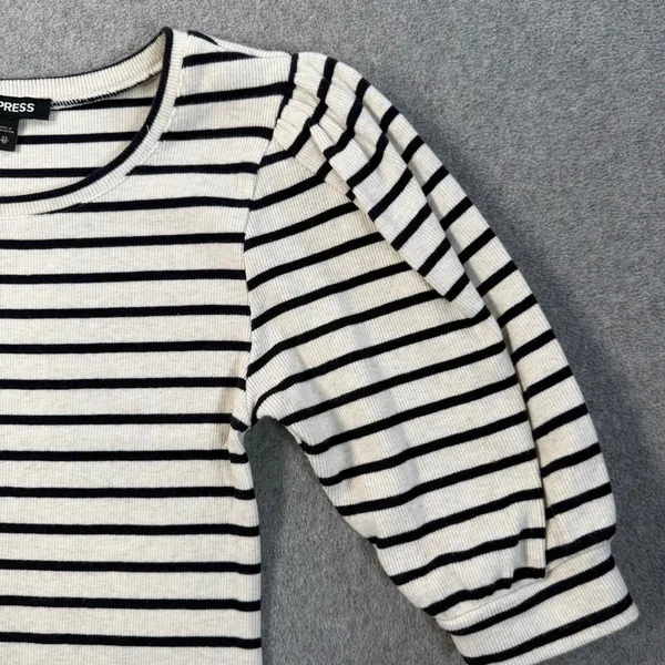 EXPRESS Women's X-Small Striped Ribbed Knit Puff Sleeve Top Cream Black Blouse - Image 2
