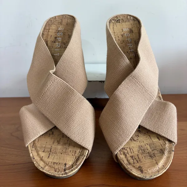 Esprit Womens Beige Canvas‎ Criss Cross Studded Cork Wedge Sandals Size 8 - Image 4