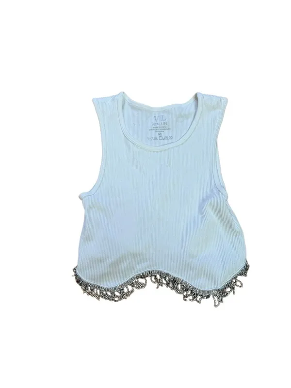 White Ribbed Rhinestone fringe Tank Top Medium Vital Life - Image 4