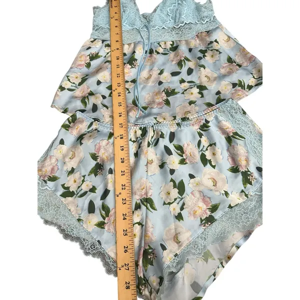 VICTORIA'S SECRET Blue LACE SATIN CAMI Pajama Babydoll S Lounge SET FLORAL I19-1 - Image 5