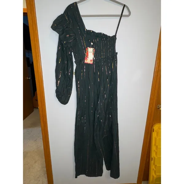 Farm Rio Anthropologie Green Metallic Striped One Shoulder Wide Leg Jumpsuit NEW - Image 3