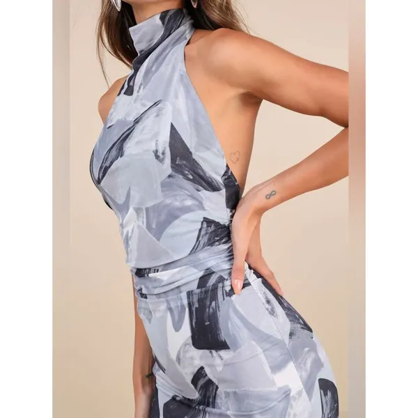 Lulus Idyllic in Ibiza Grey Abstract Print Mock Neck Halter Midi Dress Size XL - Image 3