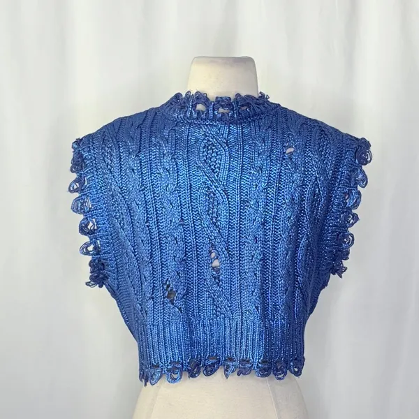 ZARA Metallic Blue Cropped‎ Sweater Cableknit Distressed Cable Knit Crop Small - Image 10