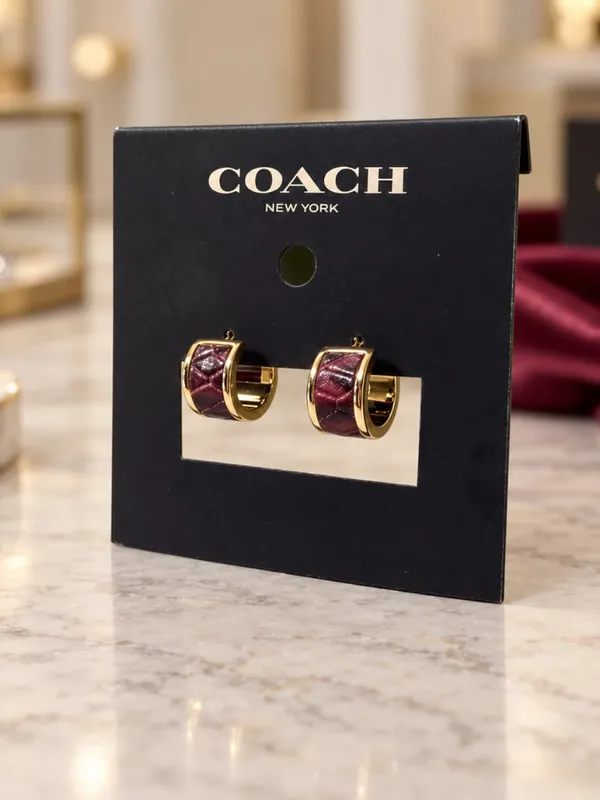 Coach Burgundy Snake-Embossed Leather Gold-Tone Hoop Earrings NWT - Image 3