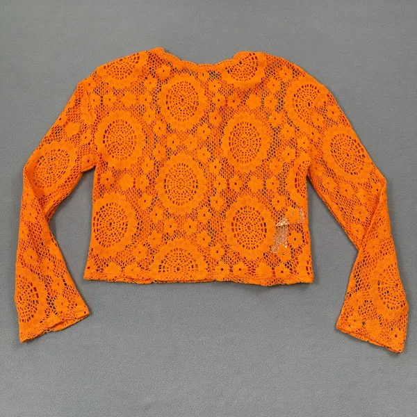 MNG Mango Orange Crochet Open Knit Top S Cropped Long Sleeve Trendy Fashion Cute - Image 2