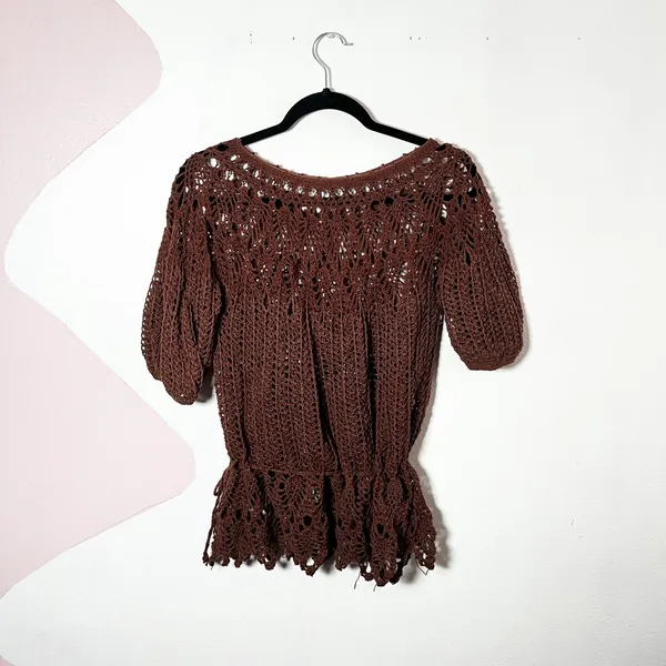 Brown Crochet Knit‎ Short Sleeve Peplum Top Sz Small Boho Vacation Y2K Beach - Image 2