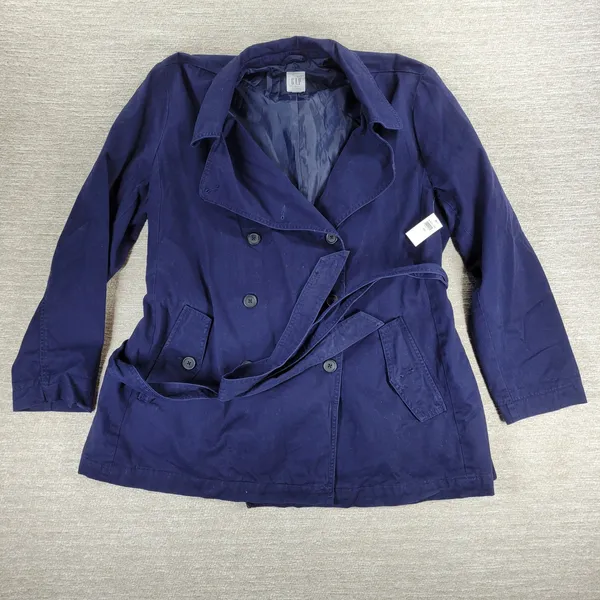 Gap Belted Trench Jacket Womens XXL Navy Blue Cotton Lined Double Breasted - Image 16