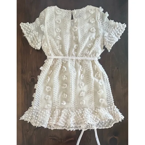 &merci Pom Pom Mini Dress Small Cream Boho Textured Ruffle Cottagecore Romantic‎ - Image 3