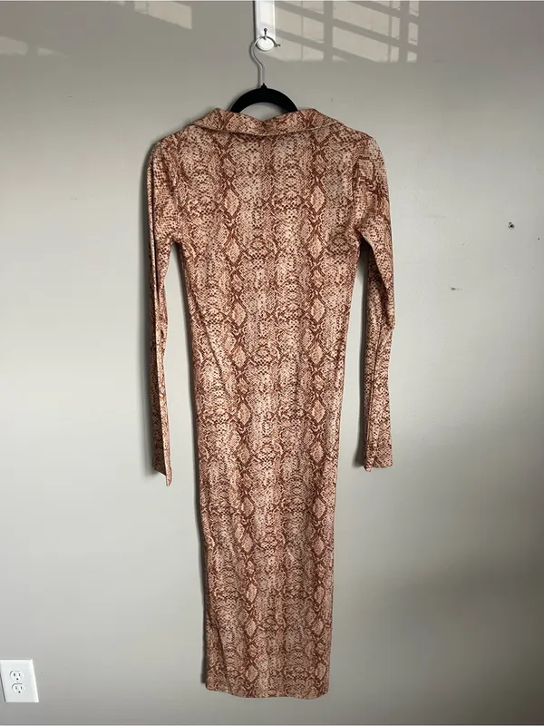 LOVERS + FRIENDS Brown Snake Print Long Sleeve Collared Midi Dress Sz S - Image 4