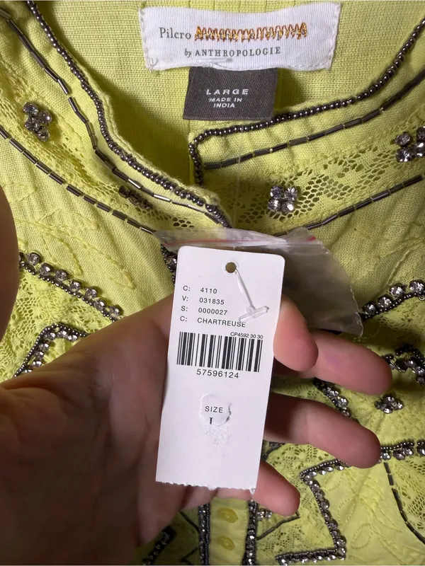 New Pilcro Anthropologie Nayeli Beaded Buttondown Top Chartreuse Size Large - Image 7