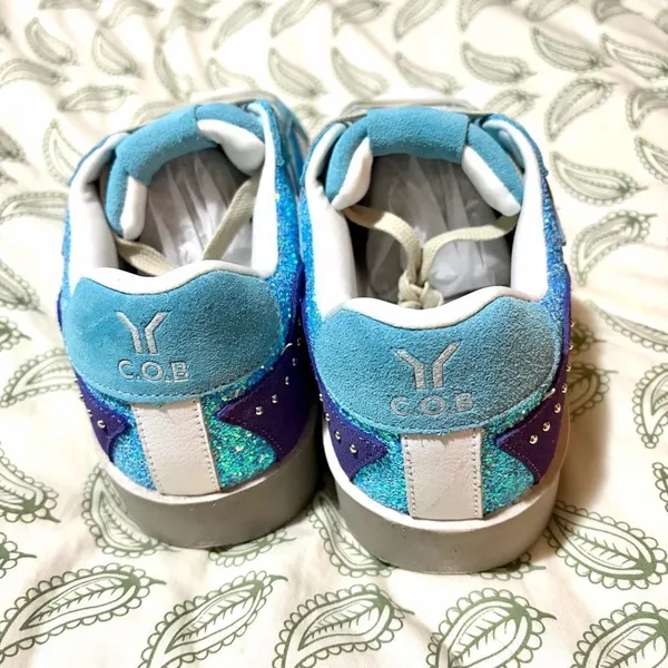 COB CULTURE OF BRAVE White Leather Neon Glare Blue Glitter Wing Sneaker 8-8.5 - Image 5