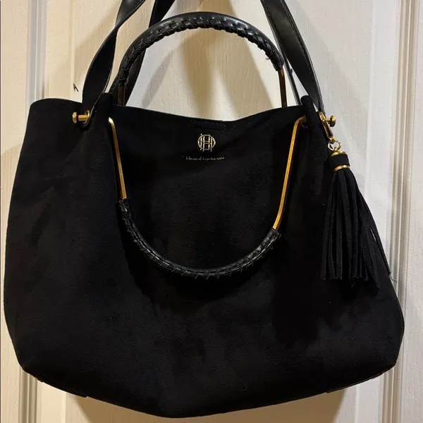 House Of Harlow 1960 Black Suede Bag W/ Shoulder Strap Gold/Brass Toned Handle - Image 2