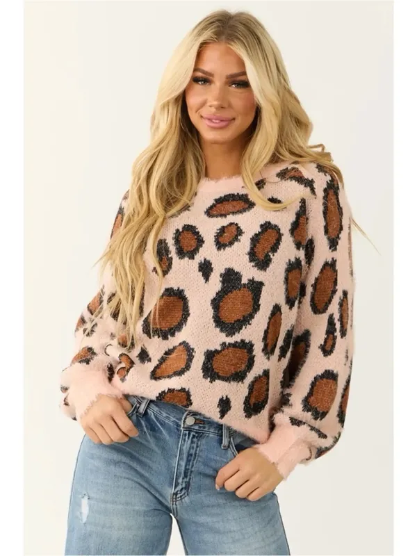 Umgee Leopard Print Fuzzy Sweater Pink Animal Print Oversized Size Small - Image 7
