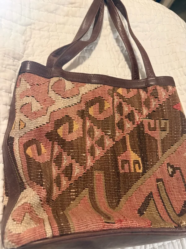 Vintage American Angel Tapestry Tote Bag Leather Trim Boho Southwest - Image 2