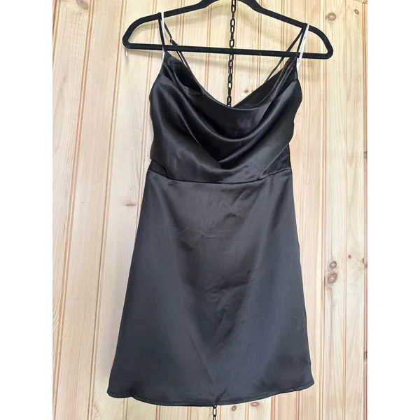 NWT Lulus Luxe Reputation Black Satin Sleeveless Cowl Neck Mini Dress Party Sz M - Image 2