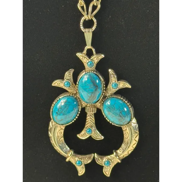 Turquoise vtg Gemstone Southwestern Style Pendant Necklace Silver‎ Tone - Image 2