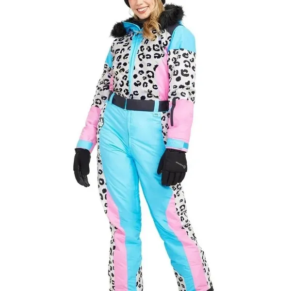 Tipsy Elves‎ Ski Snow Suit Women's Size S Snow Leopard Pink Blue Faux Fur Read - Image 2