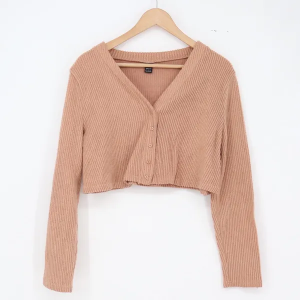 SHEIN Cardigan Womens 12 Terracotta Ribbed Cropped V-Neck Excellent - Image 2