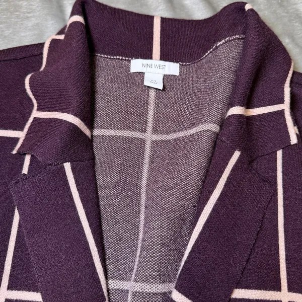 Nine West Womens Size Medium Burgundy Windowpane Plaid Long Cardigan Sweater - Image 6
