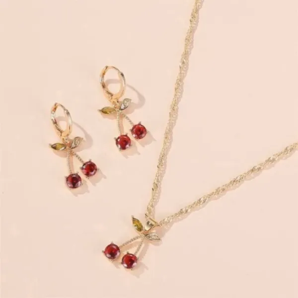 18K Gold Plated Cherry Jewelry Set Cherry Pendant Necklace Crystal Cherry Dangle Drop Earrings(2pcs/set) - Image 3