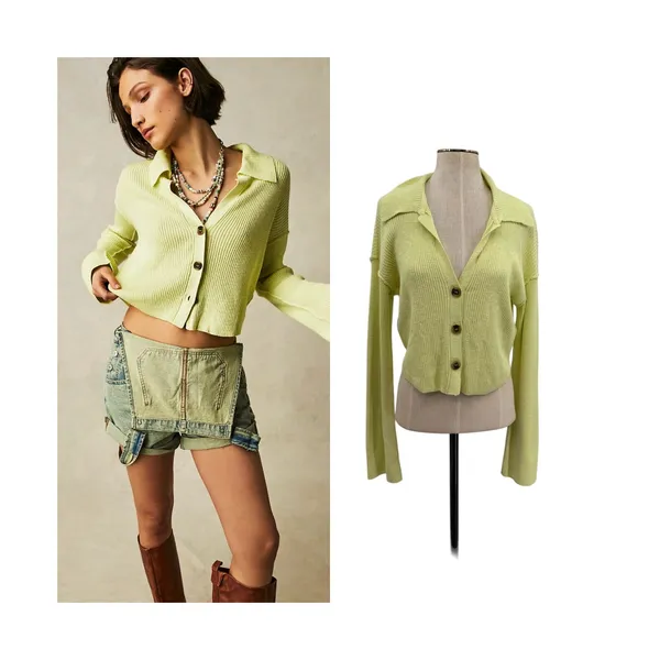 Free People Ella Cropped Cardigan Lime Green Ribbed Button Front Small‎ - Image 2