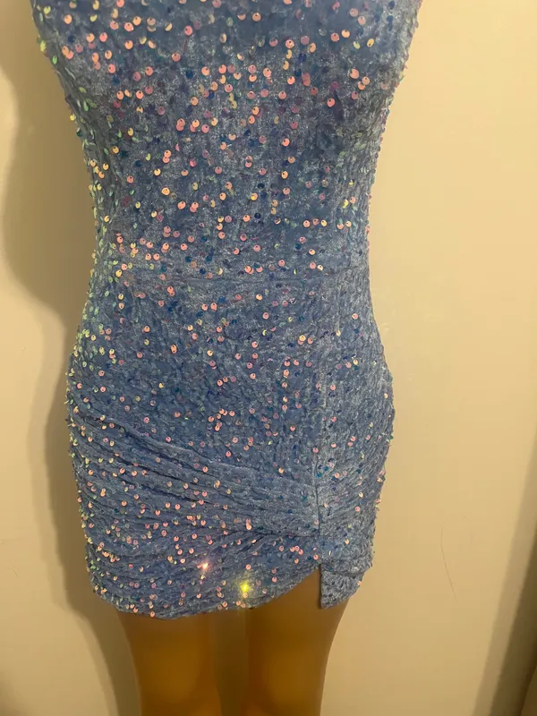 Stacees Shine in this elegant blue sequin dress, perfect for any special occasion. The shimmering sequins add a touch of glamour to your look. - Image 4