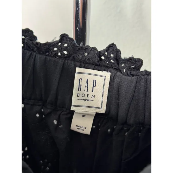 GAP x DOEN Midi Dress Black Cotton Eyelet Tiered Button Front Smocked Waist M - Image 8