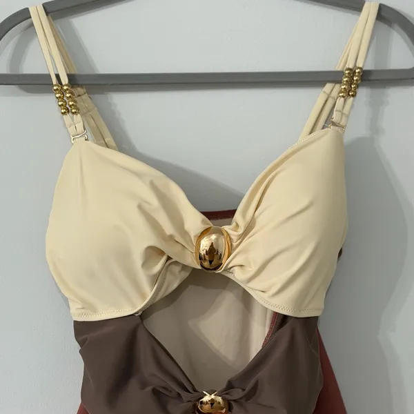 Stylish Cream and Brown Cutout Swimsuit - Image 5