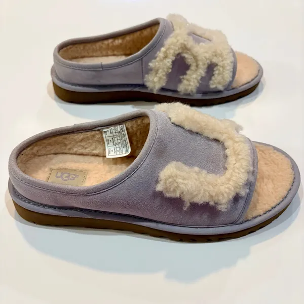 UGG Women’s Suede Shearling Slide Sandals Purple Cream Size 7 EUC Small Spots - Image 3