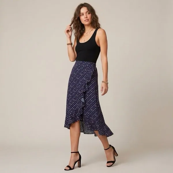 Loft Midi Skirt Large Floral Ruffle Navy Blue Fall Winter Whimsigoth Resort Boho - Image 4